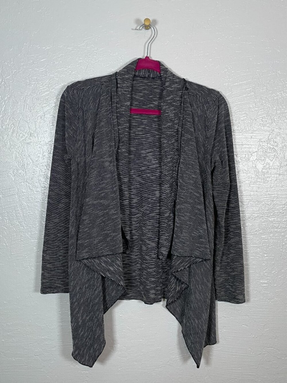 Manduka Women XS Black White Micro Stripe Knit Cardigan Sweater Open Front